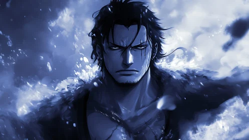 Intense anime warrior rendered in high-contrast monochrome blues