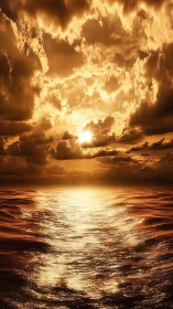 Molten sunset light ignites stormy clouds above rippled sea