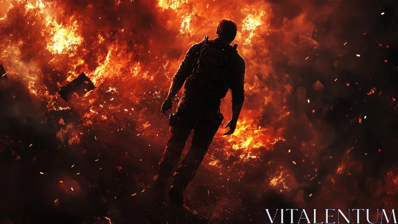Soldier Running Through Massive Inferno Engulfed in Flames
