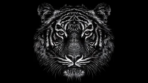 Tiger portrait rendered in stark monochrome line detail.