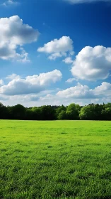 Sunlit grass field extends toward dense tree line under clouds