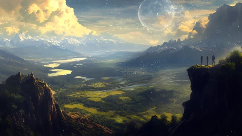 Travelers gaze across a luminous alien valley at twilight