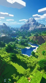 Blocky alpine valley basks in bright voxel summer light