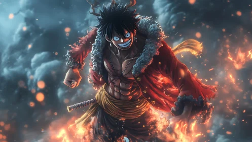 Battle-hardened anime fighter strides through swirling firestorm