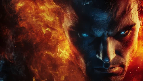 Fiery blue-faced male figure stares forward with glowing eyes