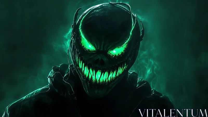 Glowing green demon grins menacingly in swirling toxic fog