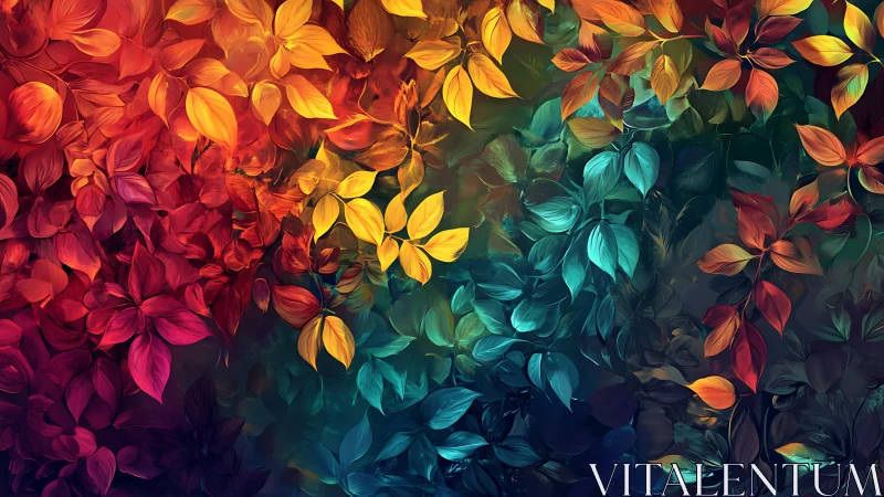 Multicolor foliage pattern with gradient botanical arrangement.