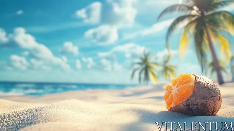 Tropical beach escape with fresh citrus and palm trees.