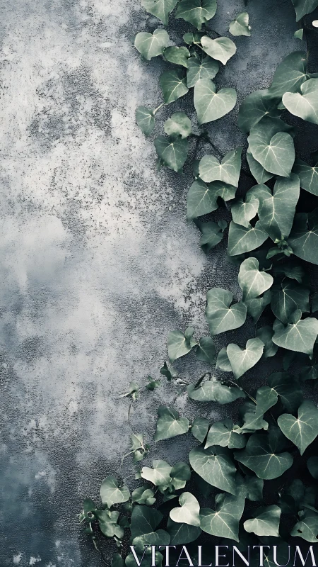 Ivy leaves trace textured concrete wall in cool tones.