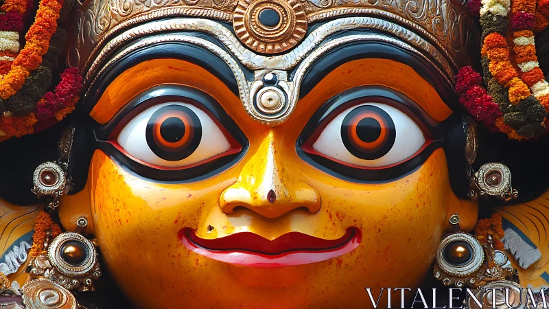 Vivid close-up of ornate painted deity mask displays sculpted gaze