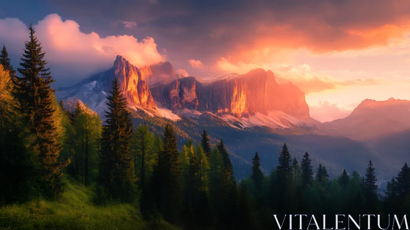 Sunlit mountain cliffs over dense evergreen forest at dusk.