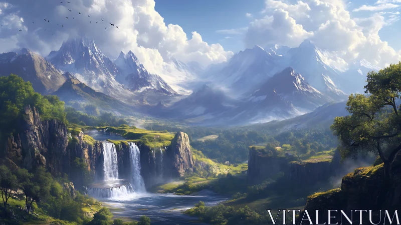 Sky-tall peaks and cascading twin falls in dreamlit valley.