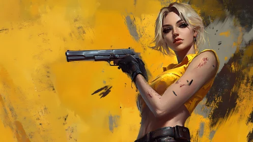 Blonde woman holding handgun against rough yellow abstract background