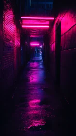 Neon-saturated rainy alleyway with reflective wet pavement surfaces.