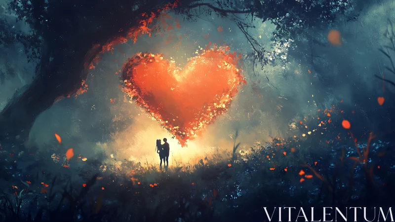 Luminous heart formation above silhouetted figures in forest setting.