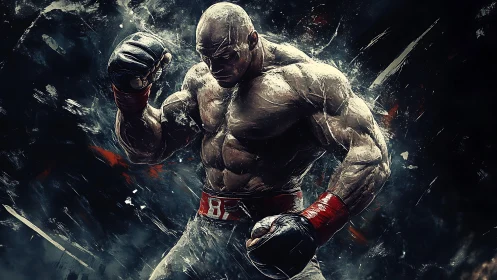 Monumental Fighter in Dynamic Combat Stance Against Dark Abstraction