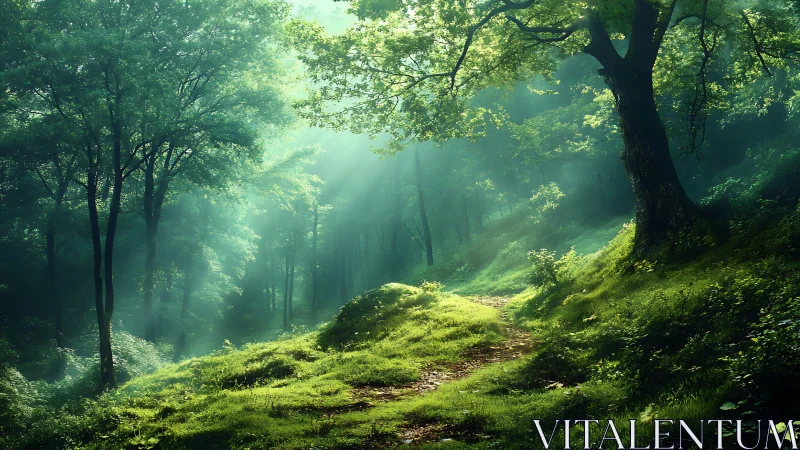 Sunlit forest path with lush greenery in tranquil morning light.