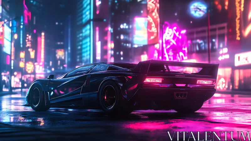 Sleek neon supercar cruising through a glowing night city.