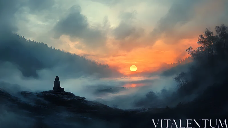 Solitary figure in misty valley at luminous sunrise horizon.