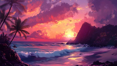 Radiant tropical sunset over surf and silhouetted cliffs.