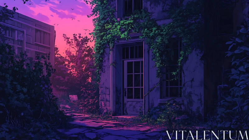 Overgrown doorway glows beneath a neon dusk sky.