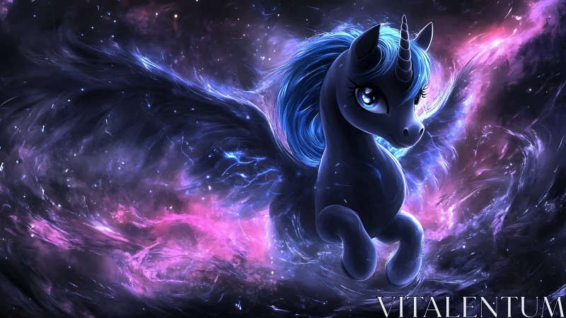 Digital fantasy alicorn in luminous cosmic nebula vortex.