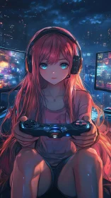 Cozy gamer girl lost in neon city night adventures.