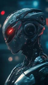 Cinematic cybernetic humanoid with illuminated red optic sensor