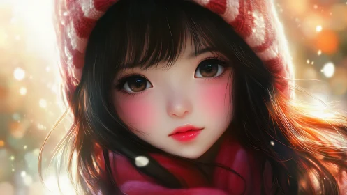 Anime winter portrait with luminous bokeh and soft focus rendering.