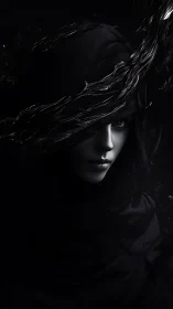 Veiled monochrome figure emerges from shadowed darkness.