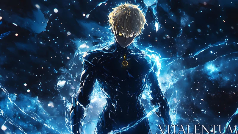 Electric humanoid figure in blue energy field, frontal view.