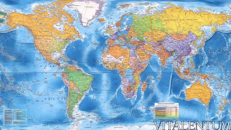 Political world map with hypsometric oceans and relief shading.