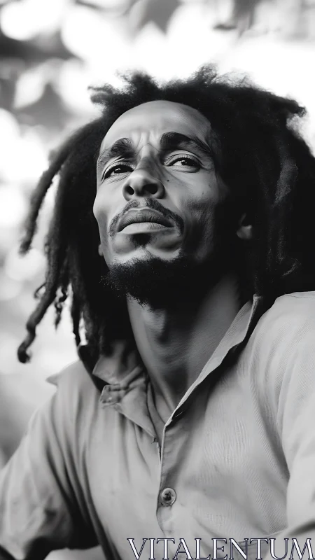 Intense black and white portrait captures reflective gaze.