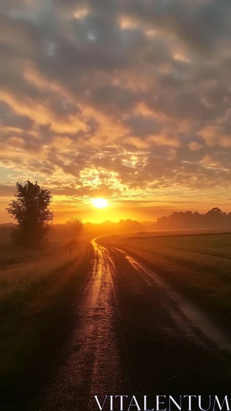 Dewlit country road bending into a molten sunrise horizon.