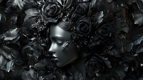 Midnight floral muse dreaming in sculpted obsidian bloom.