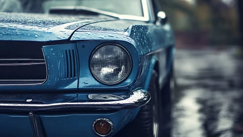 Vintage blue car glowing softly under gentle rainy light.