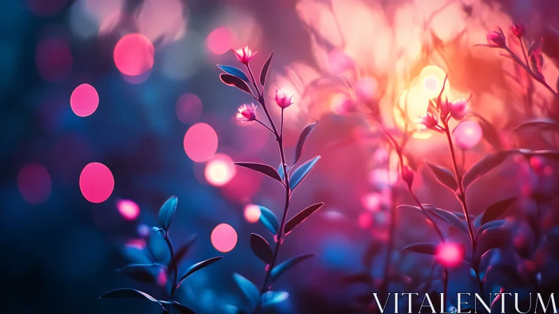 Delicate Flowers Illuminated by Luminous Bokeh in Dreamlike Garden.