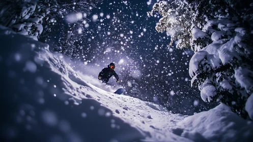 Nightfall snowboard comet carving through stormlit powder.