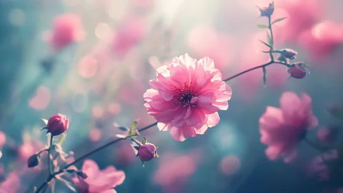 Pink Dahlias in Soft Focus: Macro Floral Study with Bokeh.