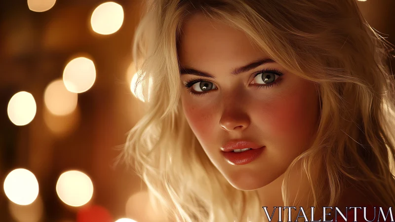 Blonde woman close-up portrait with warm bokeh lights.