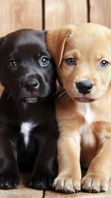 Puppy pair portrait against rustic wooden backdrop.
