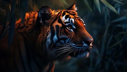 Majestic tiger gazes softly through shadowed jungle leaves