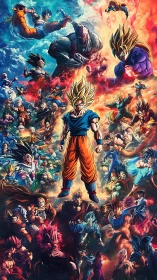 Central martial hero surrounded by diverse fighting figures.