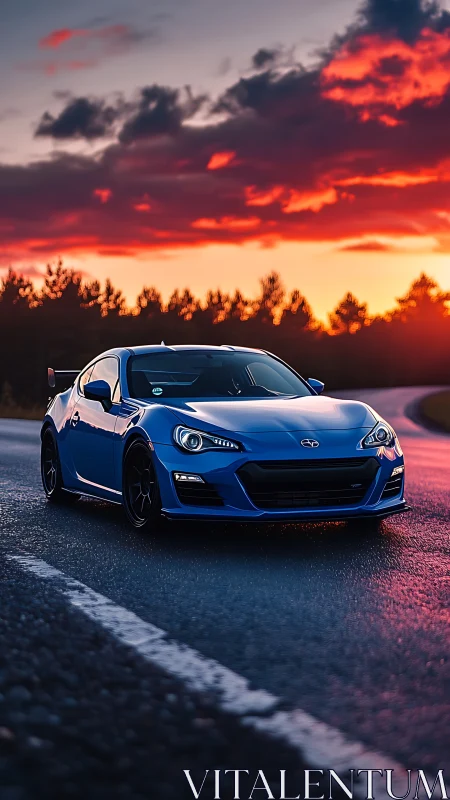 Sunset drive welcomes a sleek blue sports car to the road