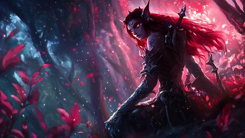 Elf warrior with glowing eyes kneels in crimson forest