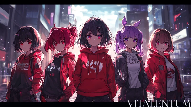Confident street squad stands united in glowing city lights