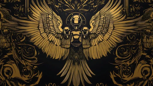 Gilded cybernetic seraph with articulated wings on black field