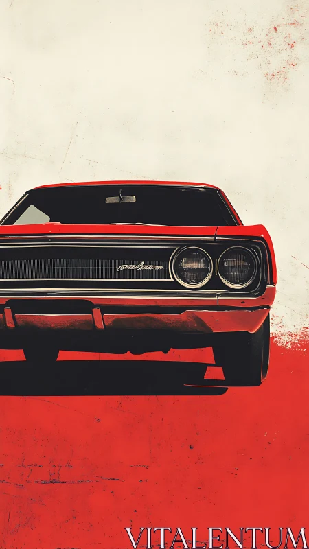 Red muscle car front view over bold split background.