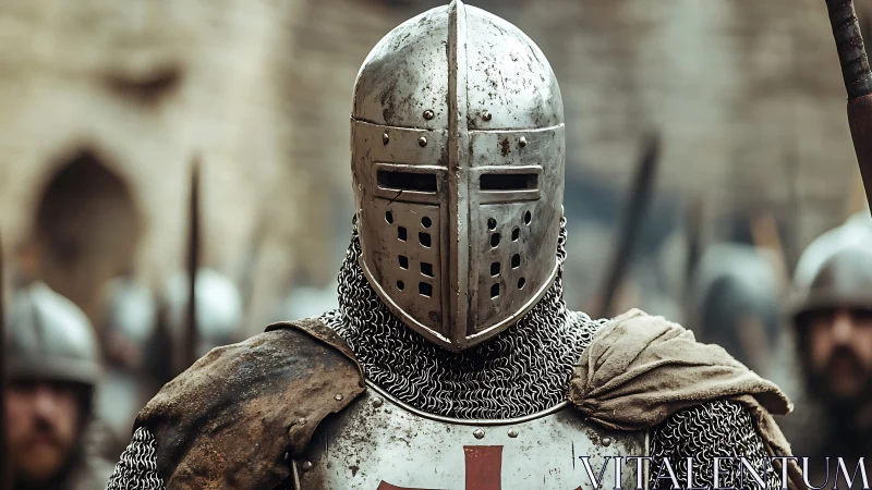 Crusader-era chainmail infantryman in full visored helm armor.