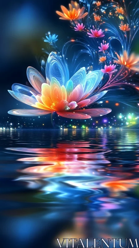 Radiant dreamlike lotus opens over water in shimmering color